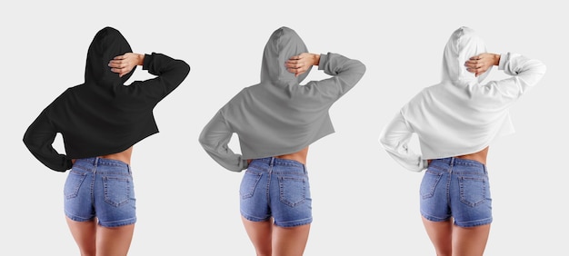 Photo crop top hoodie white gray black crop top on a beautiful girl in blue shorts wearing a hood