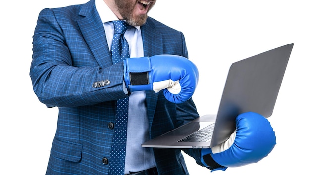 Cropped businessman man in suit and boxing gloves holding laptop isolated on white sport bet