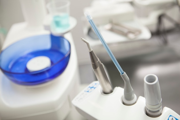 Cropped close up of dental instruments at dentists office