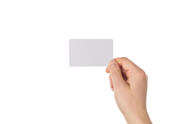 Cropped close up photo of human hand showing empty blank card with copy space isolated white background