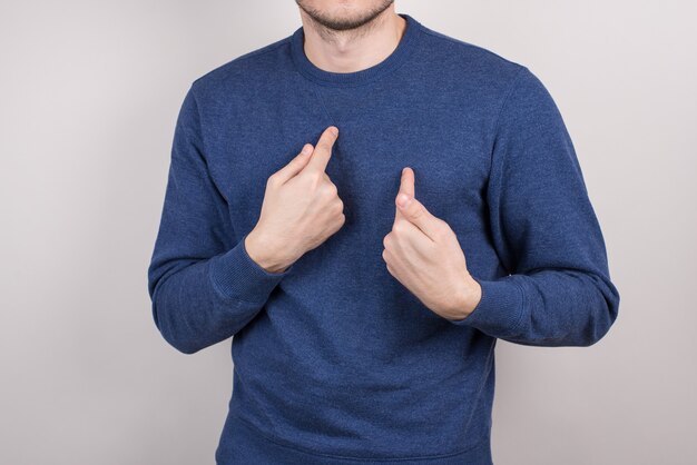 Cropped close-up picture photo portrait of unsure uncertain terrified having problem guy pointing on himself isolated grey background