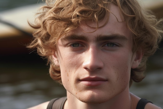 A cropped close up of a young male athlete with his boat in front created with generative ai