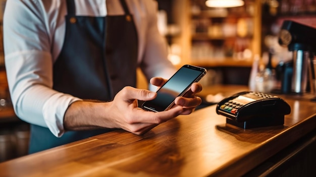 Cropped closeup image shows a man paying at a bar using a smartphone safe epayment and Generative AI