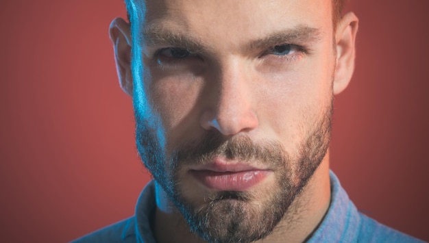 Cropped closeup portrait bearded attractive elegant trendy stylish macho thoughtful look sexy