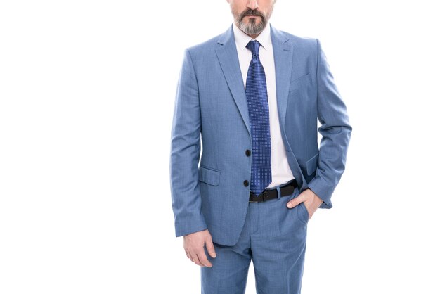 Cropped entrepreneur isolated on white formal fashion professional bearded ceo confident boss copy space businessman in formalwear business success successful man in businesslike suit