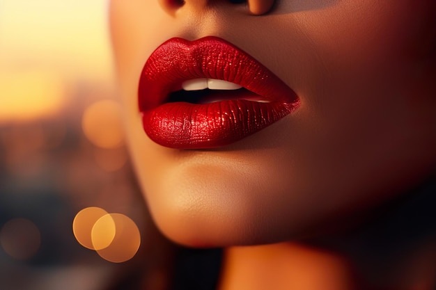 Cropped face with full lips and red lipstick on blurred city background