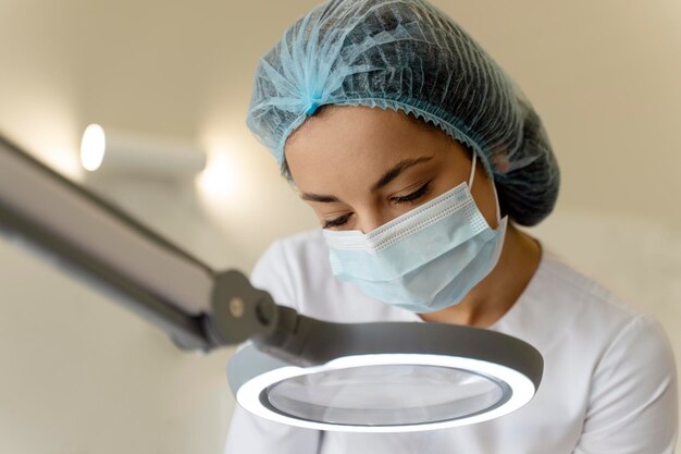 cropped female cosmetologist looking at client39s face through magnifying lamp