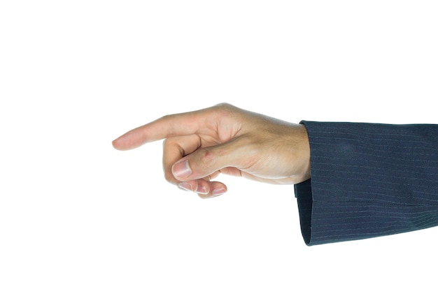 Cropped hand of business person gesturing against white background