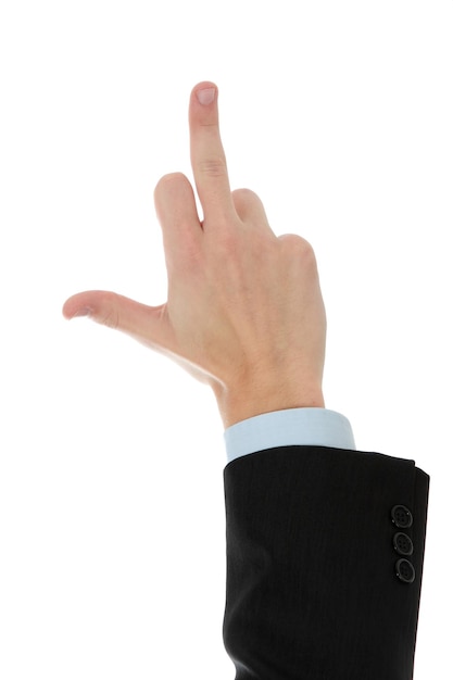 Photo cropped hand of businessman showing middle finger against white background