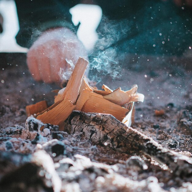 Foto mano tagliata dal legno bruciato