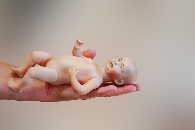 cropped hand of child holding doll against white background