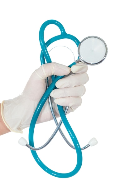 Cropped hand of doctor holding stethoscope against white background