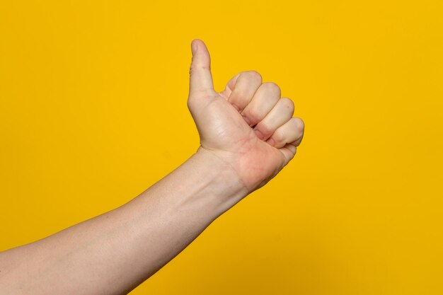 Cropped hand gesturing against yellow background