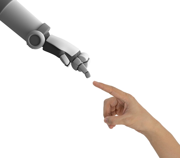 Foto mano tagliata che fa un gesto verso il robot su uno sfondo bianco