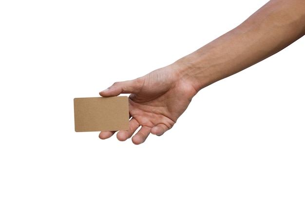 Photo cropped hand holding business card against white background