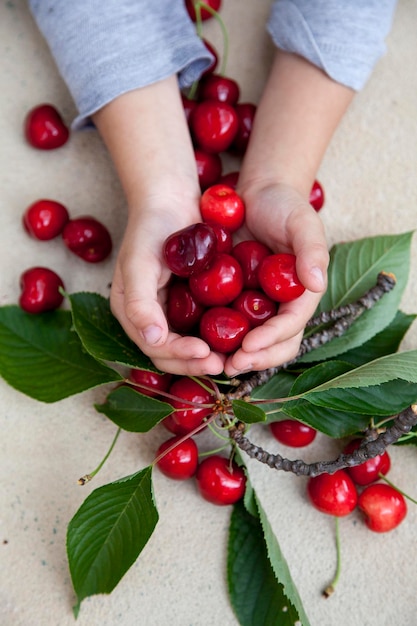 Photo cropped hand holding cherries at table