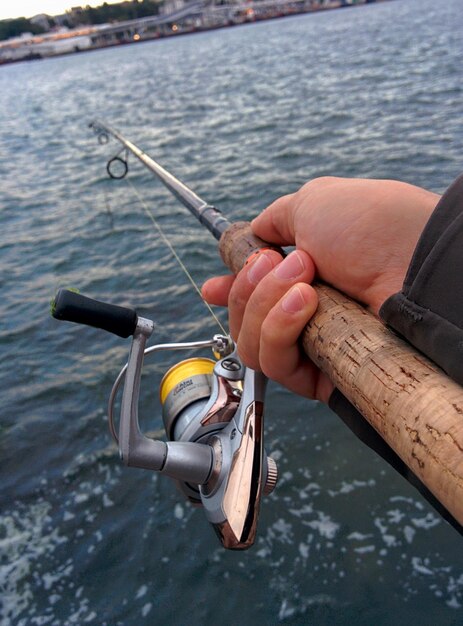 Cropped hand holding fishing rod over sea