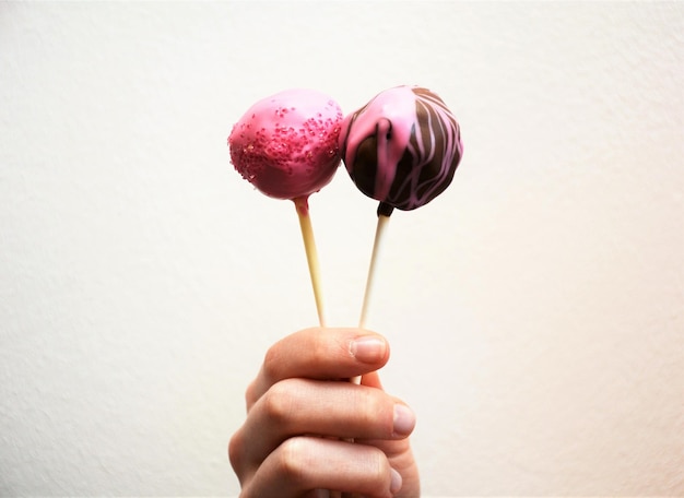 Cropped hand holding lollipops against wall