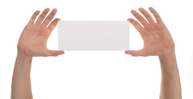 Photo cropped hand holding placard against white background