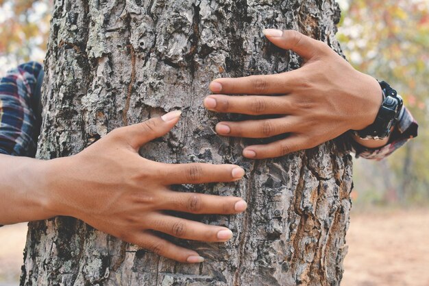 Foto mano tagliata di un uomo che abbraccia il tronco di un albero