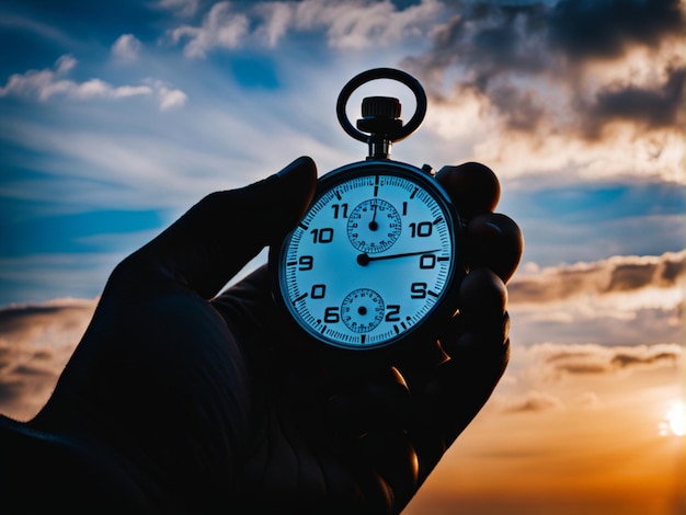 Cropped hand of man holding stopwatch against sky