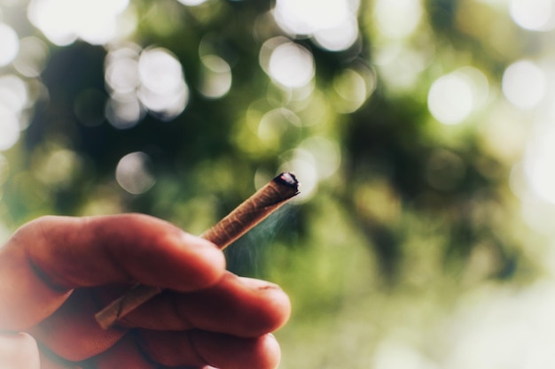 Foto mano tagliata di un uomo che tiene un prodotto del tabacco all'aperto