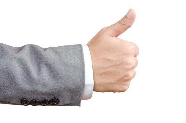 Photo cropped hand of man showing thumbs up sign against white background