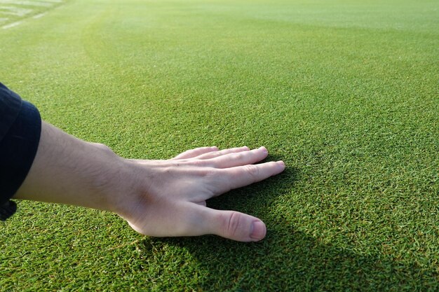 Cropped hand of man touching turf