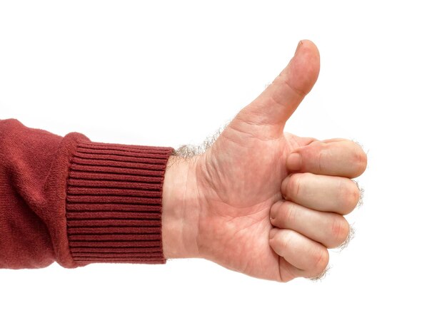 Cropped hand of man wearing sweater gesturing against white background