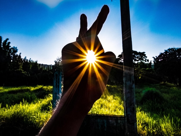 Foto mano tagliata di una persona che fa un gesto contro il cielo durante una giornata di sole