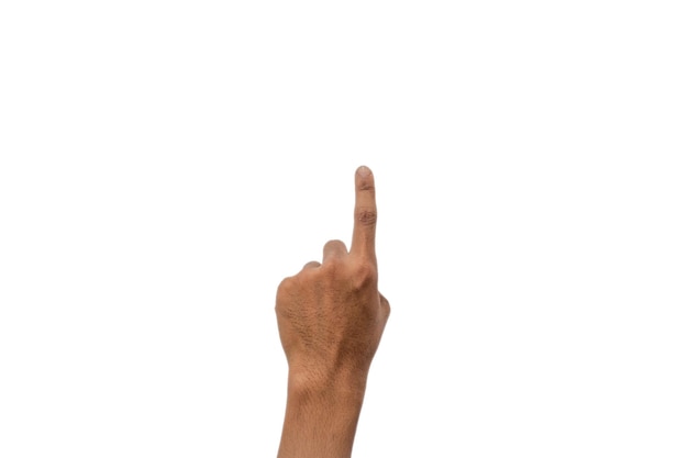 Foto mano tagliata di una persona che fa gesti contro uno sfondo bianco