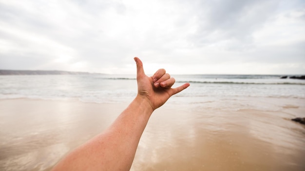 Cropped hand of person gesturing shaka sign against sky