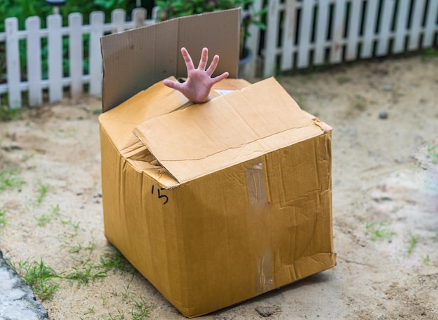 Photo cropped hand of person hiding in cardboard box