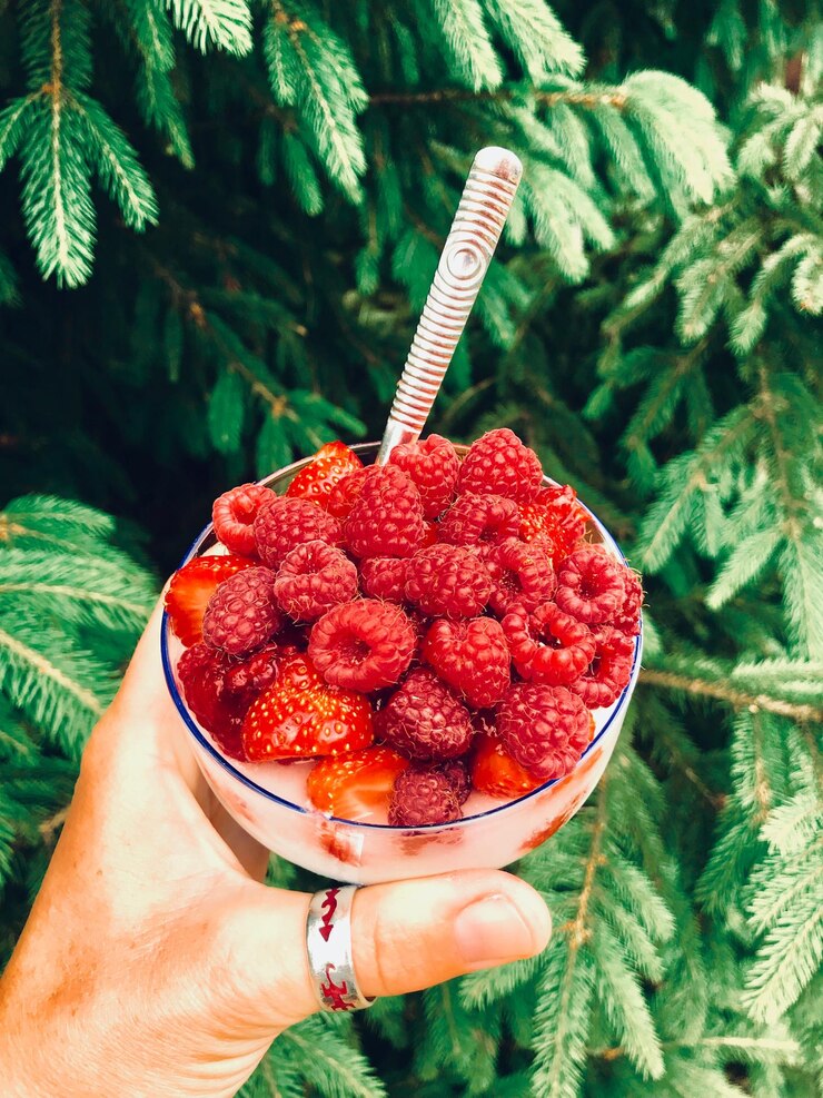 Photo cropped hand of person holding berry fruits and yogurt in bowl by tree