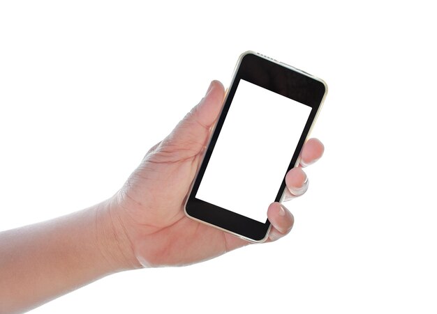 Cropped hand of person holding mobile phone against white background