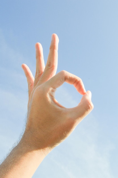 Cropped hand showing ok sign against sky