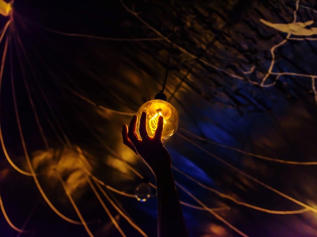 Photo cropped hand touching illuminated light bulb