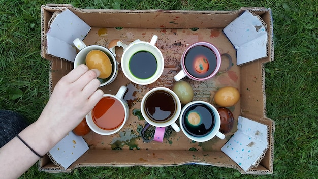 Photo cropped hand of woman over cardboard box with dye and easter eggs in cups