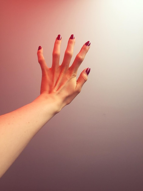 Cropped hand of woman gesturing against colored background