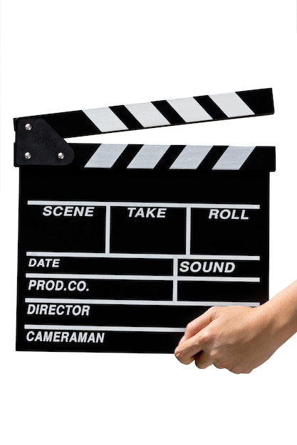 Photo cropped hand of woman holding film slate against white background