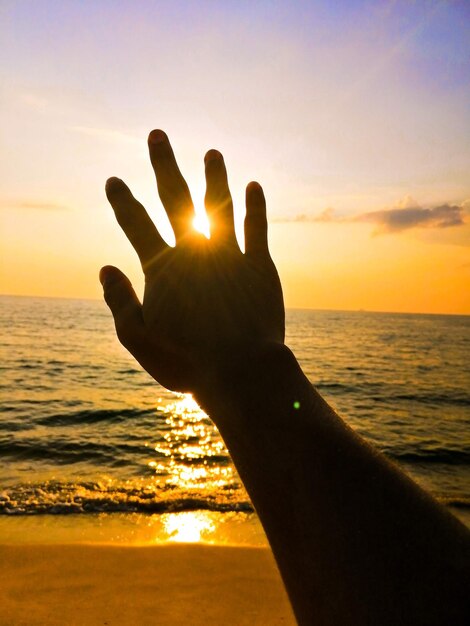 Photo cropped hand of woman with arms raised at beach against sky during sunset