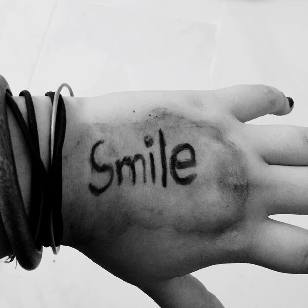 Photo cropped hand of woman with smile text against wall