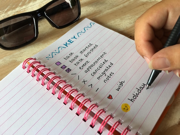Cropped hand writing in book over table