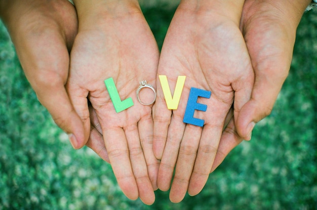 Foto mani tagliate di coppia con testo d'amore e anello