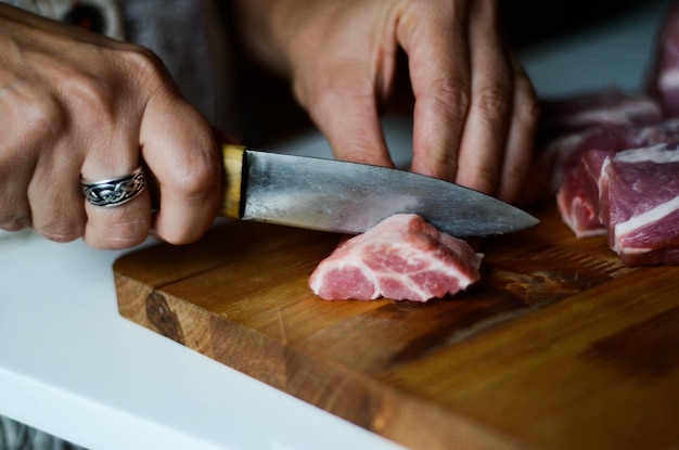 写真 キッチンで肉を切る手を切った