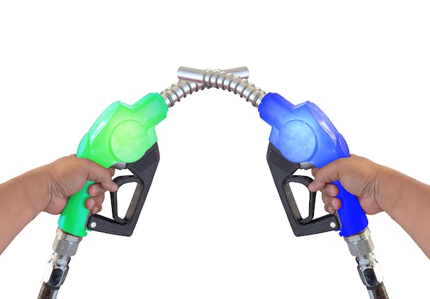 Photo cropped hands holding fuel pumps against white background