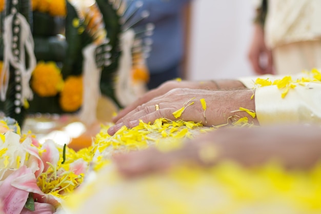 사진 결혼식 도중 노란 꽃 을 향해 기도 하는 신랑 과 신부 의 손 을 잘라낸 것