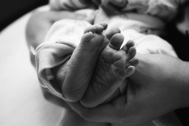 Photo cropped hands of parent holding newborn