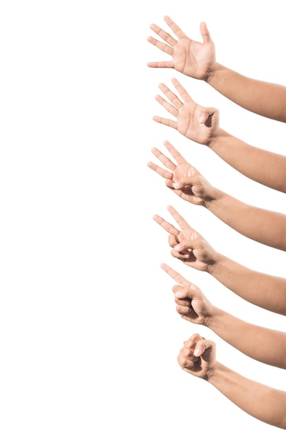 Photo cropped hands of people gesturing against white background