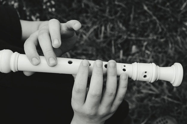 Photo cropped hands of person playing flute